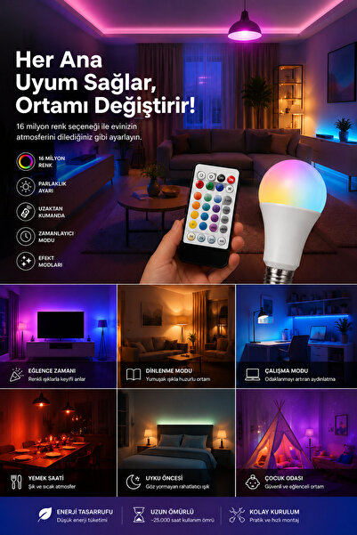 Happyland RGB Led Ampul Kumandalı, Beyaz Işık + 16 Farklı Renk, Zamanlayıcılı...