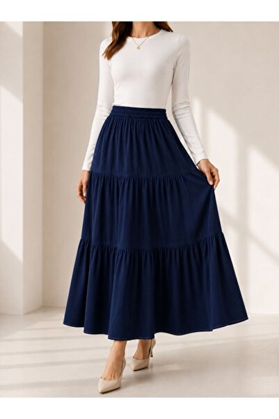 VELLICHOR Elastic Waist Ruched Skirt Navy Blue