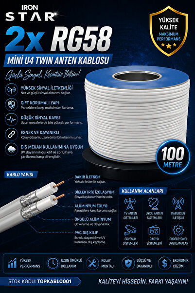 IRONSTAR 2x RG58 Twin Anten Kablosu 100 Metre / Mini U4 Twin Anten Kablosu / ...
