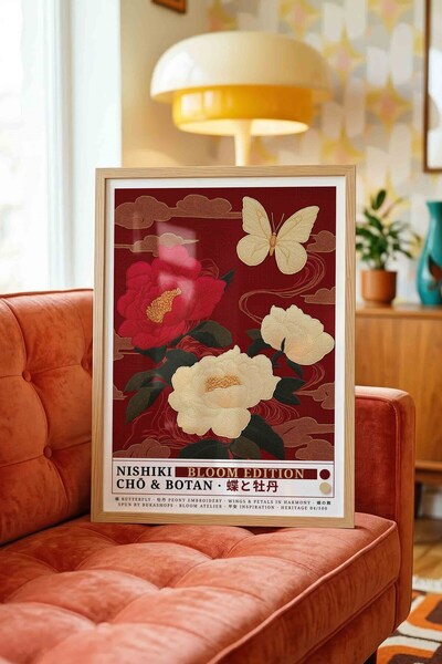 Buka Shops Peony Flower Butterfly Painting Red – Nishiki Embroidery Art Poste...
