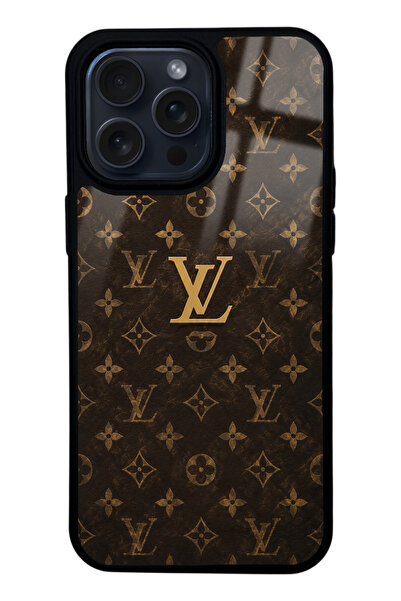 Spoyi iPhone 15 Pro Max Brown Gold LV Tasarımlı Glossy Telefon Kılıfı