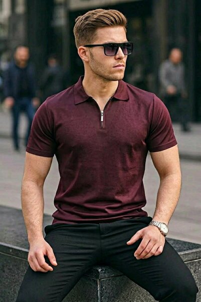 comstar Men's Zippered Casual Claret Red Slim Fit Polo Neck T-Shirt