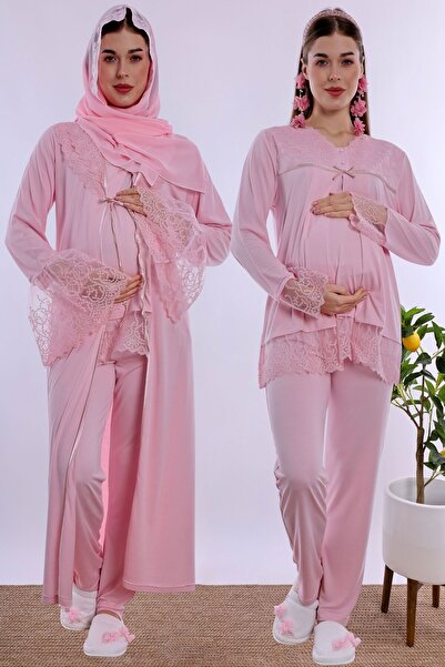 ByLohusa Hijab-Friendly Cotton Maternity Pajama and Dressing Gown Set Effortt...