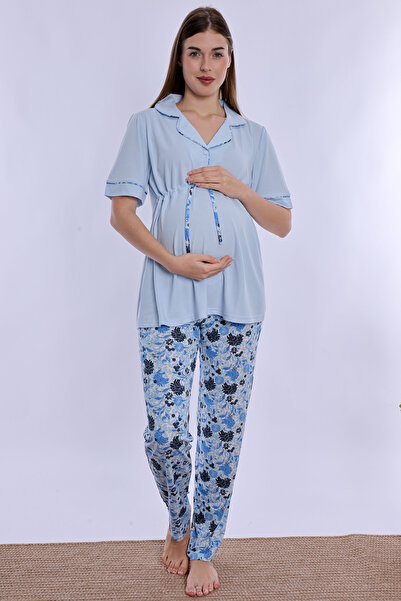 ByLohusa Short Sleeve Soft Textured Cotton Maternity Set Effortt - Blue