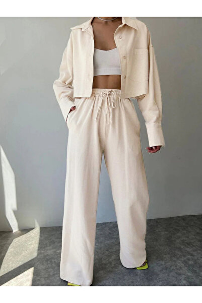 Take Two By Styli Beige Linen Shirt and Drawstring Straight Leg Pants Co-Ords