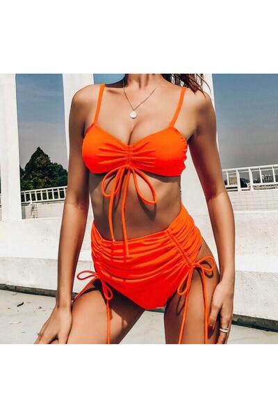 Bikini Büzgülü İpli Süper Yüksek Belli Takımı Pareo Hediyeli