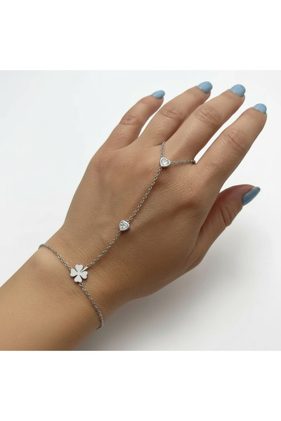 Cesicey Steel Clover Shahmeran Bracelet with Heart Detail in Silver Color