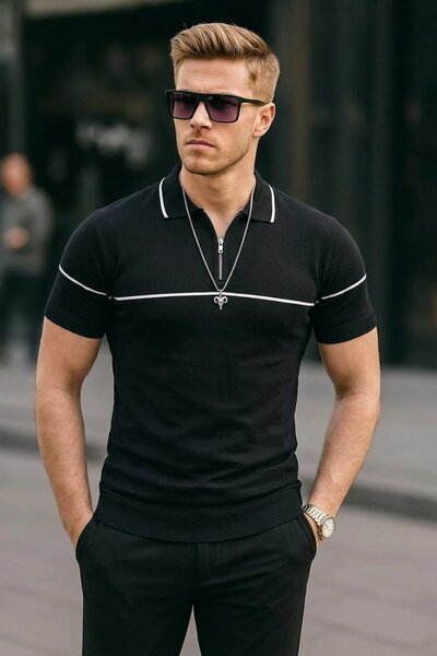 comstar Tricou negru casual cu dungi și guler polo pentru bărbați