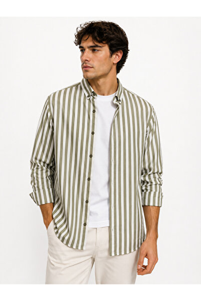 RAFF MAĞAZA Men's Striped Shirt 60% Cotton 40% Linen Fabric