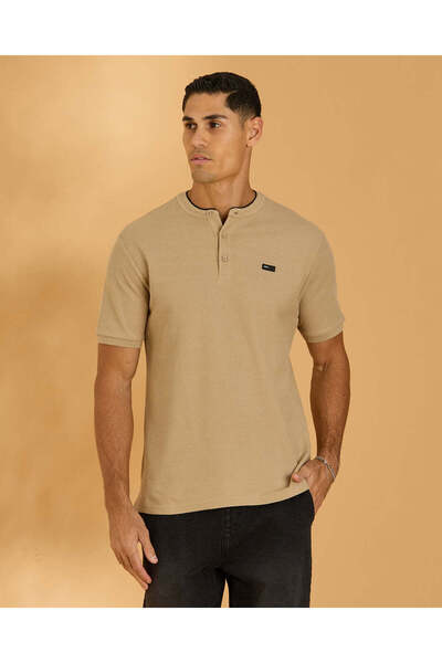 REDTAG Men Beige Standup Collar Polo Shirt