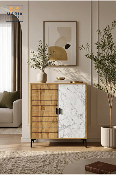 MARIA HOMES Modern Shoe Storage Cabinet with Marble Pattern Door – Wooden Ent...