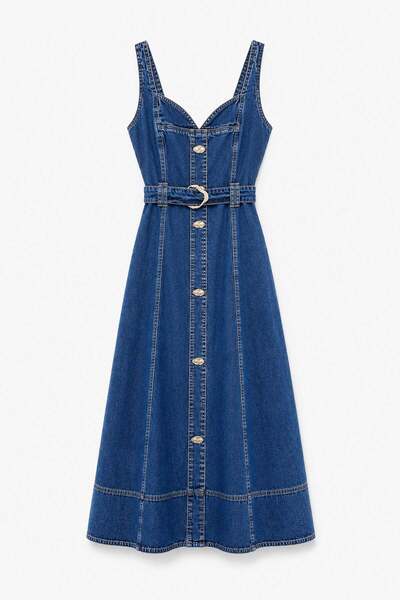 elif teke Heart Neckline Denim Dress Blue