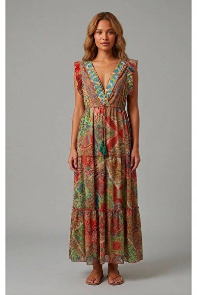 moda gk Shiny Patterned Bohemian Imported Silk Dress with Bead/Embroidery Detail