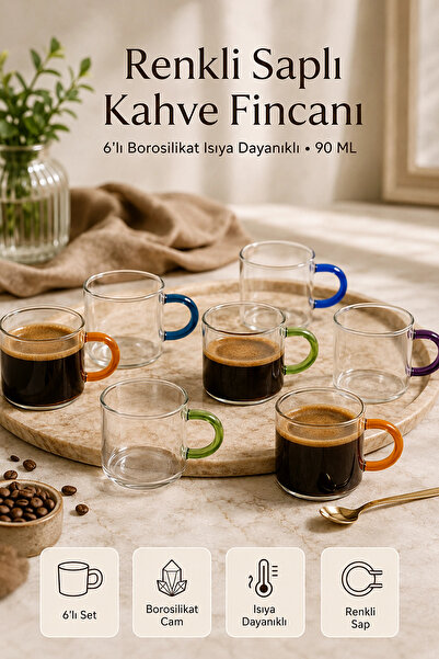 Tilbe Home 6'lı Renkli Saplı Borosilikat Cam Çay Kahve Fincanı 90 ml Espresso...