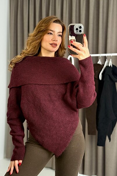 Raneel Kazançlı Alışveriş Women's Asymmetrical Cut Bat Sleeve Sweater Burgundy