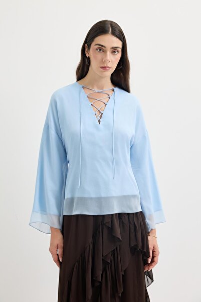 KADRİYE BAŞTÜRK Bağlama Detaylı Oversize Tunik Açık Mavi