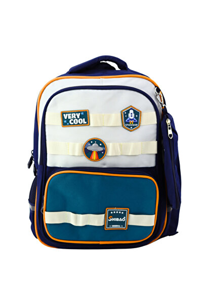 LEAN Rucsac școlar cu patch-uri spațiale, cu penar, albastru marin, 16L