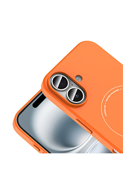 Techaks iPhone 16 Kılıf M-Safe Şarj Özellikli Kamera Korumalı TCHS Elio Sert PC Kapak - Turuncu