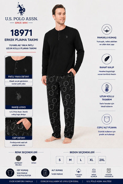 U.S. Polo Assn. Set de pijamale din bumbac cu mâneci lungi și guler cu pliuri...