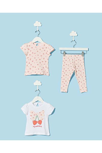 REDTAG Infant Girls White And Pink Printed 3 Piece Set