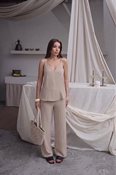 Paw Garage Bluză Shay pentru femei, cu bretele, pantaloni largi, set de vară