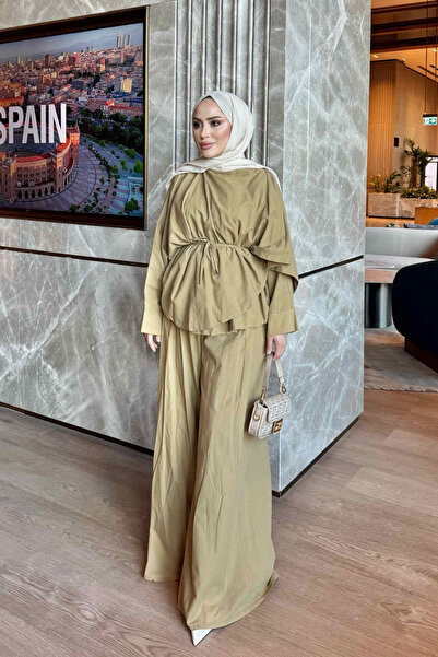 İmajButik Oil Green Bat Sleeve Trousers Poncho Set