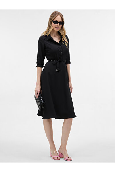 ORSAY Rochie midi neagră de damă, tip cămașă