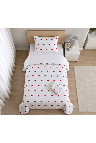 GOOD MORNİNG PAMUKKALE Heart Pattern Single Cotton Bedspread Set 160X225