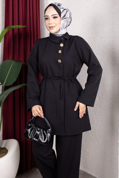 Rabia Zülal New Season Suit with Side Buttons on the Front - Black Rbz2608Y