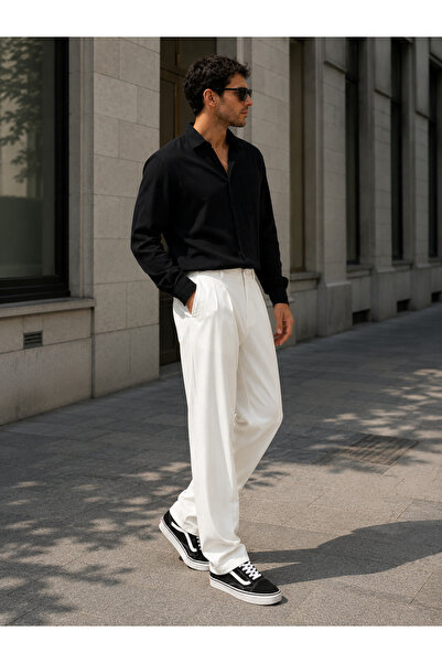 Gambocci Men's Baggy Wide Casual Pleated Elastic Waist Fabric Pants