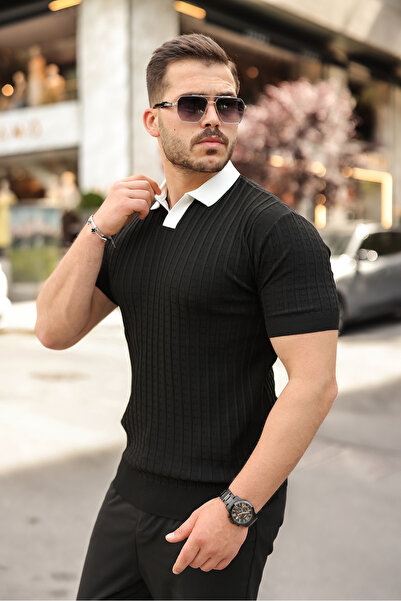 viyamen Men's Polo Neck Summer Modern Textured Knitwear T-Shirt