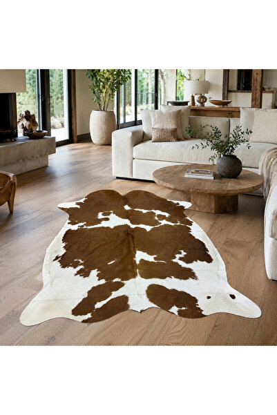 deco marié Hakiki Bal Rengi Kahverengi Beyaz Dana Derisi Halı 196x230 cm – Ge...