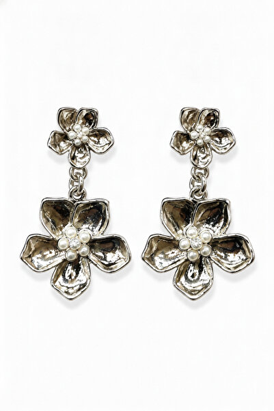 Jack Ferrero Elegant Silver Color Flower Motif Pearl and Stone Detailed Dangl...