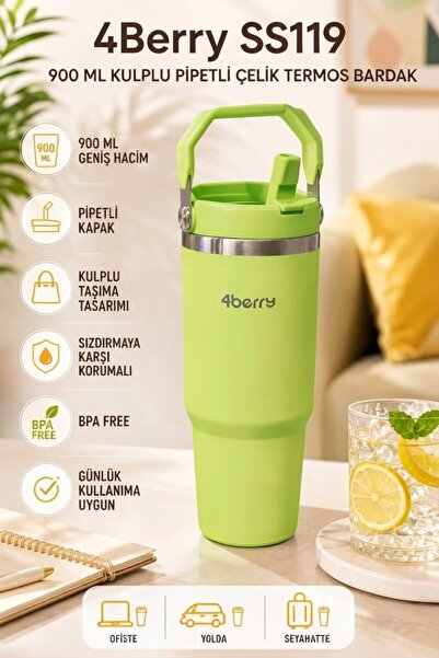 4 Berry SS119 900 ml Çelik Termos Bardak Pipetli Kulplu Taşınabilir Su Matara...