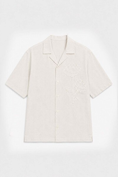 Antioch Ecru Linen Blend Embroidered Men's Shirt