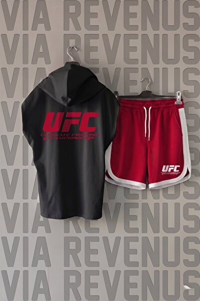 Vordevia Tricou sport cu glugă și mâneci zero imprimat UFC față și spate și p...