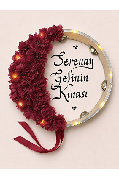 ELYNA Bordo Ledli Şeffaf Gelin Tefi, Çiçekli 32 cm, Kına Düğün Sünnet Düğünü ...