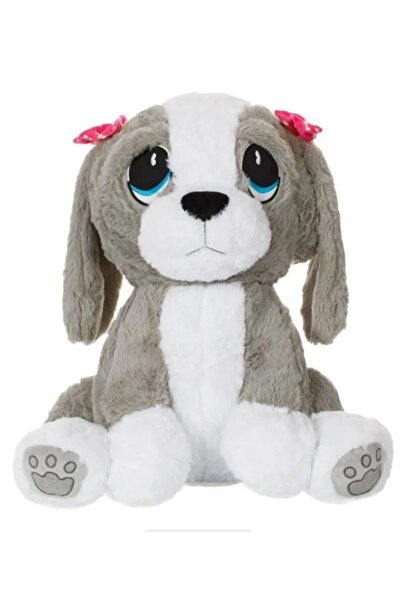 OEM Câine de pluș șezând, gri, alb, roz, cu funde cu buline, 50 cm