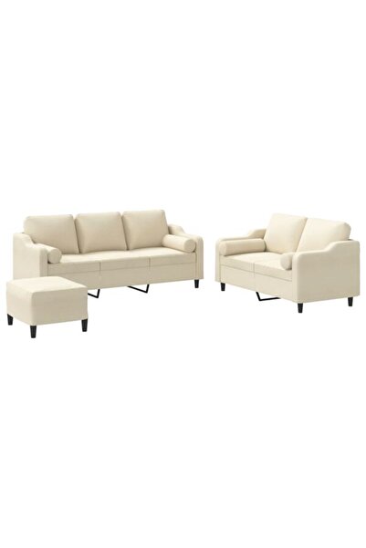 vidaxl Set de canapele cu perne, 3 piese, crem, textil