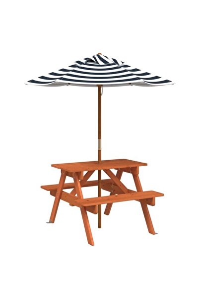 vidaxl Masă de picnic pentru 4 copii, cu umbrelă, din lemn masiv de brad