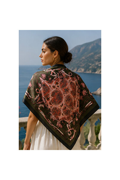 elden co Haki Etnik Desenli Saten Fular / Bandana / Saç Eşarbı 70x70 cm