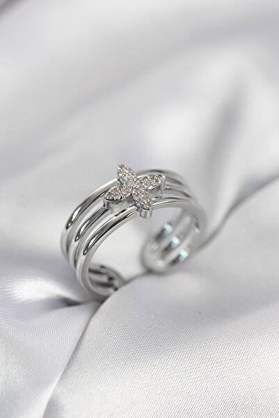Generic Brand Silver Color Zircon Stone Clover Model Adjustable Women's Ring