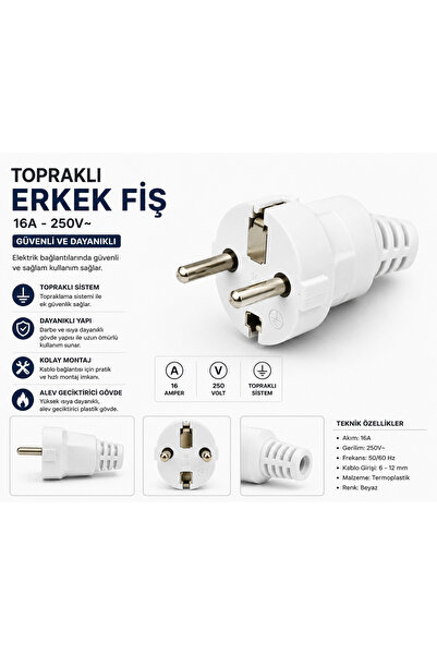 VİKO Elektrik Erkek Fişi Topraklı Kablo Fişi Beyaz
