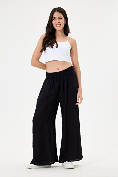 della moor Women's Black Italian 100% Linen Elastic Waist Wide Leg Palazzo Tr...