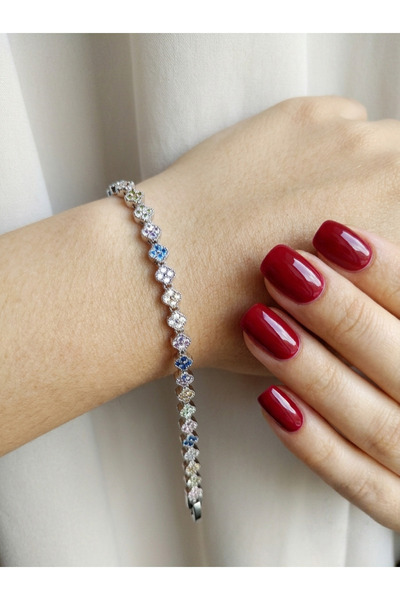U&Gi Moda Colorful Flower Clover Stone Silver Women's Steel Bracelet