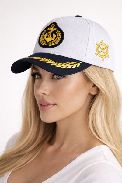 HatClub Exclusive Women's Captain Hat White Gold Embroidered Premium Sailor Hat