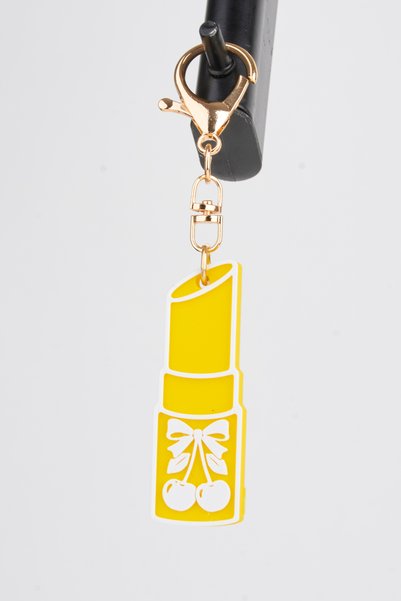 Vivaq Yellow Cherry Pattern Lipstick Shaped 3D Printing Beverage Opener Charm Bag Accessory Keychain