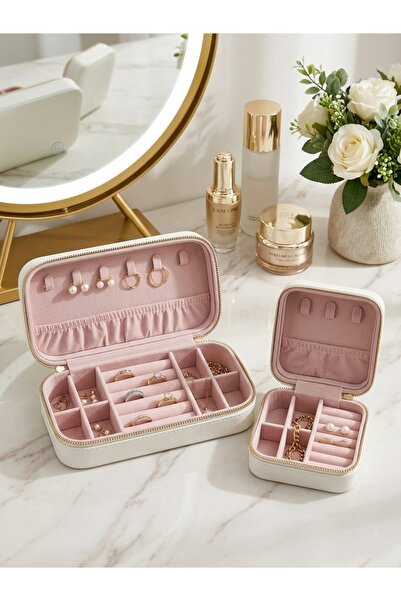 gaman Portable Set of 2 Small and Large Jewelry Organizers with Mirror and Ea...