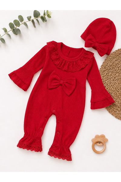 Miray baby kids Kız Bebek Kırmızı Dantel Yakalı Fiyonklu Tulum ve Şapka Takım...