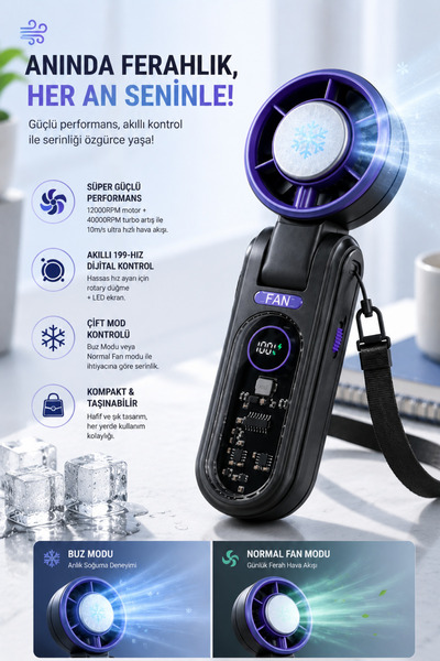 Yussraw Premium Turbo Buz Soğutmalı El Fanı 199 Kademe Ayarlı Askı İpli 3000- mAh Taşınabilir Soğutucu Fan